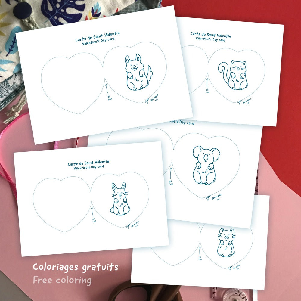 Coloriage gratuit de cartes de St Valentin avec des animaux mignons.