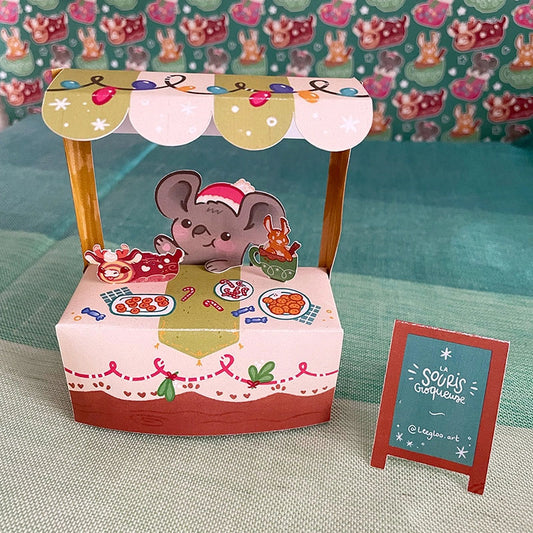 Bricolage et coloriage gratuit d'une souris mignonne et de son stand de Noël
