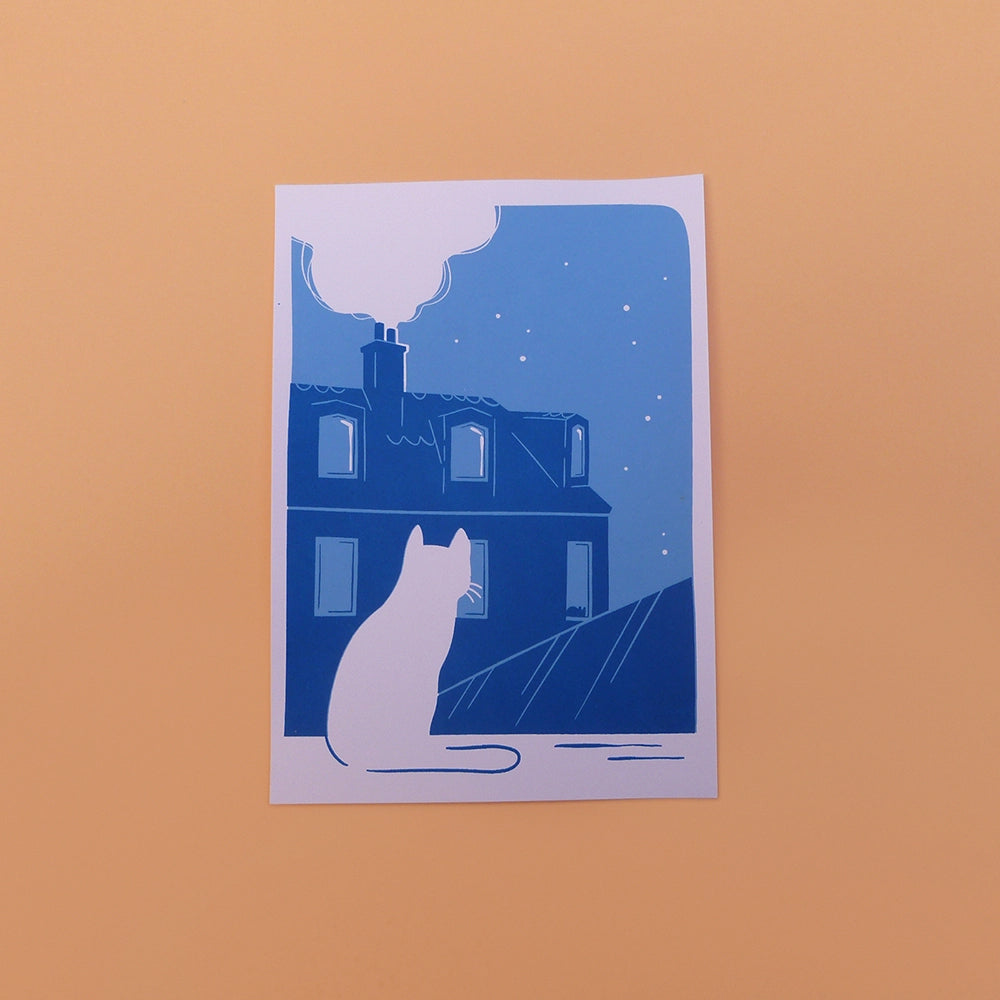 Carte d'un Chat sur les toits de Paris dans la nuit. Impression en sérigraphie artisanale.