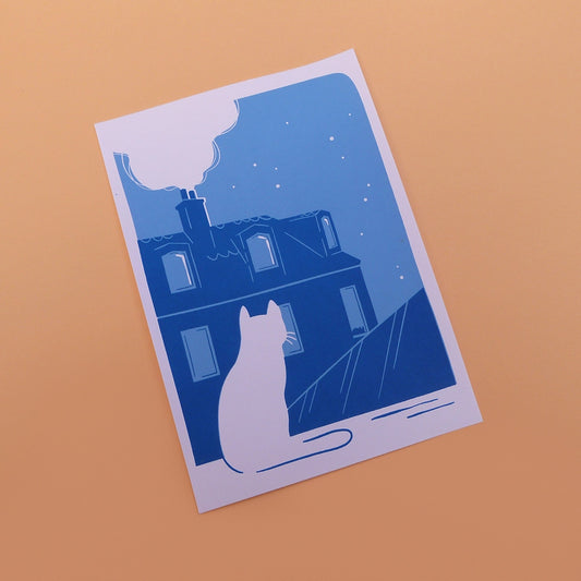 Carte d'un Chat sur les toits de Paris dans la nuit. Impression en sérigraphie artisanale.