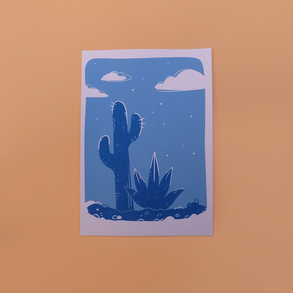 Carte d'un dans la nuit, avec un cactus, aloe vera et un lézard. Impression en sérigraphie artisanale.