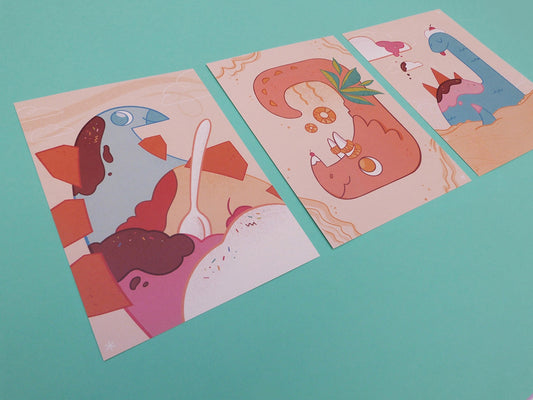 Dinosaures mélangés à de la nourriture. Illustrations dessinées et imprimées en France.