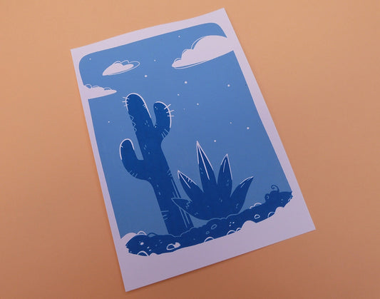 Carte d'un dans la nuit, avec un cactus, aloe vera et un lézard. Impression en sérigraphie artisanale.