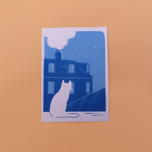 Carte d'un Chat sur les toits de Paris dans la nuit. Impression en sérigraphie artisanale.