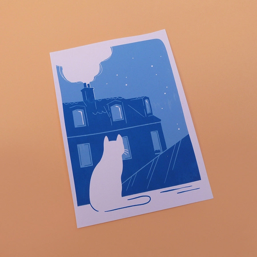 Carte d'un Chat sur les toits de Paris dans la nuit. Impression en sérigraphie artisanale.