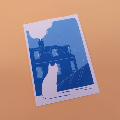 Carte d'un Chat sur les toits de Paris dans la nuit. Impression en sérigraphie artisanale.