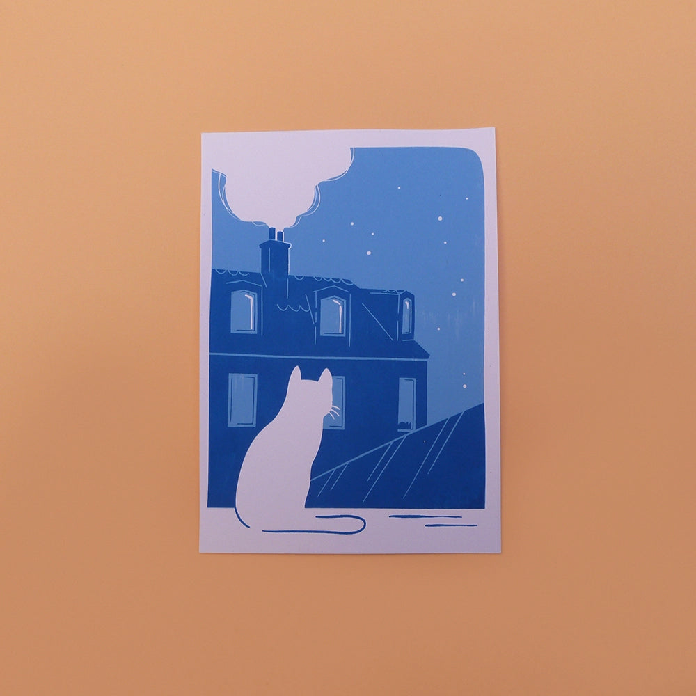 Carte d'un Chat sur les toits de Paris, dans la nuit. Impression en sérigraphie artisanale.