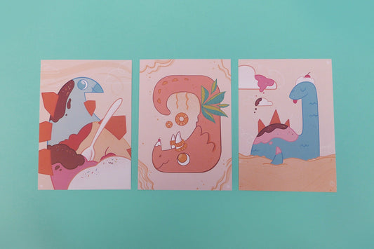 Illustrations rigolotes et colorées représentant des dinosaures mélangés à de la nourriture (glace, ananas, crème...)