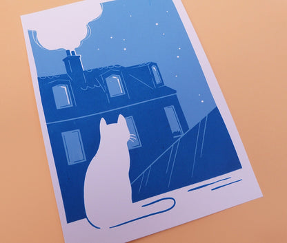 Carte d'un Chat sur les toits de Paris dans la nuit. Impression en sérigraphie artisanale.