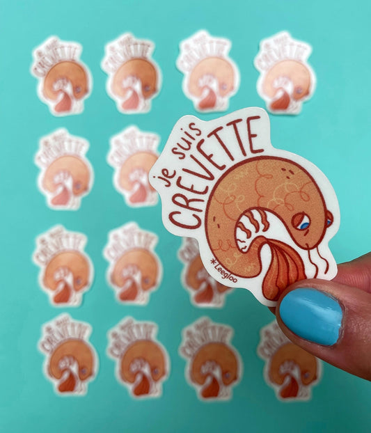 Sticker "je suis crevette" avec une crevette fatiguée